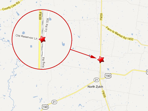 Map showing location of train derailment after colliding with a truck hauling live chickens at a rail crossing at Highway 39 and Old Reservoir Lane in North Zulch, TX on March 18, 2013. 