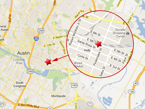 Map showing location of freight train derailment just east of the rail  crossing at 5th and Pedernales Streets in Austin, TX on April 3, 2013.