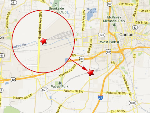 Map showing location of a Wheeling and Lake Erie Railroad train derailment at the company's Gambrinus rail yard in Canton, OH on April 25, 2013.