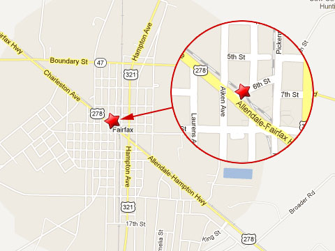 Map showing location of fatal accident where two pedestrians were killed by a passing CSX train at a rail crossing at 6th St and U.S. Highway 278 in Fairfax, SC on April 10, 2013.