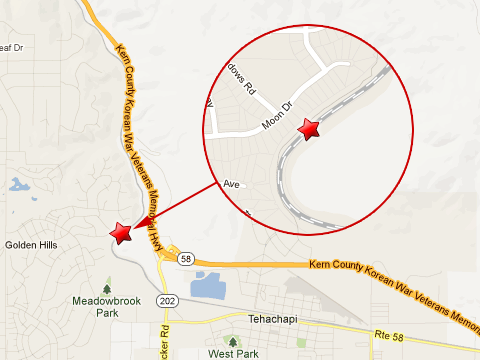 Map showing location of Union Pacific train derailment near Meadows Rd and Moon Drive in Golden Hills, CA just west of Tehachapi on April 7, 2013.