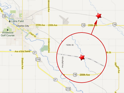 Map shows location of Canadian Pacific train derailment in Charles City, IA near the Little Cedar River south of 190th St on May 21, 2013.