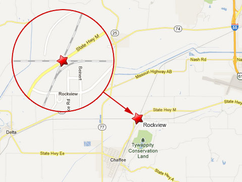 Map shows location of a train crash between a Union Pacific train and a BNSF train at a railway intersection in Rockview, MO on May 25, 2013. The crash caused the collapse of the overpass of State Highway M.