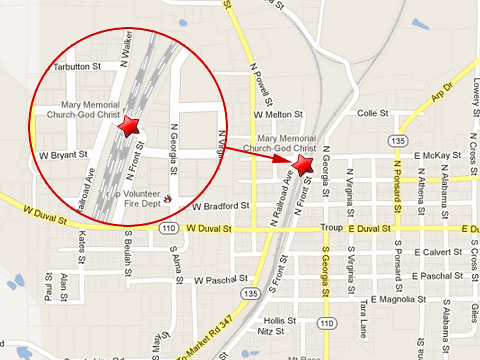 Map shows location of fatal crash of a passenger car with a Union Pacific train at the Front St. rail crossing in Troup, TX on May 10, 2013.