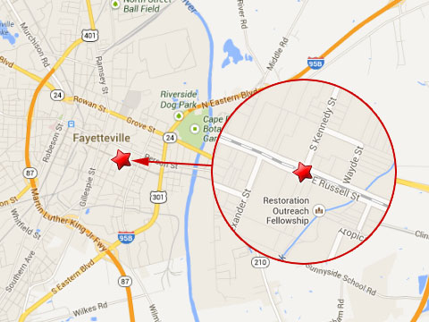 Map shows location of CSX train derailment in Fayetteville, NC along E Russell St between Old Wilmington Rd and Dick St on July 31, 2013. 