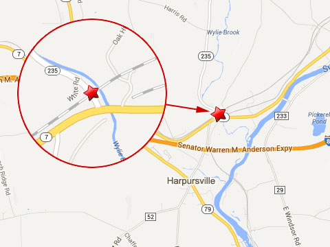 Map shows location where a Canadian Pacific railroad worker was killed working on a rail bridge near Route 235 and Route 7 in Harpursville, NY on August 26, 2013.