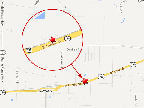 Map shows location of Union Pacific train derailment and hazardous materials spill along U.S. Highway 190 near Acadiana Rd in Lawtelle, LA on August 4, 2013.
