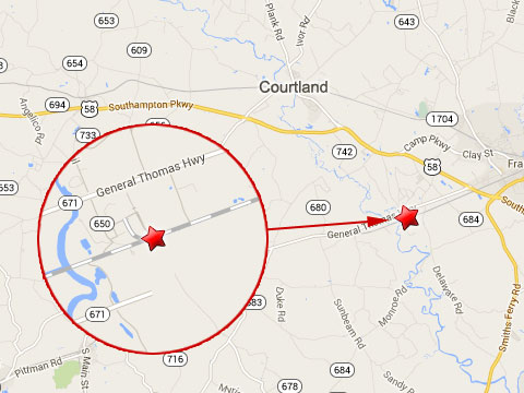 Map shows location of a fiery CSX train derailment near the 27000 block of Shady Brook Trail in Courtland, VA on September 19, 2013.