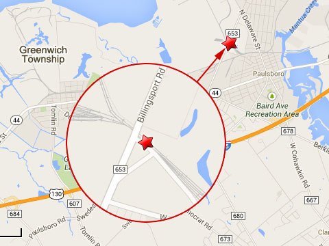Map shows location of train derailment near Billingsport Rd in Greenwich Township, NJ on September 16, 2013.