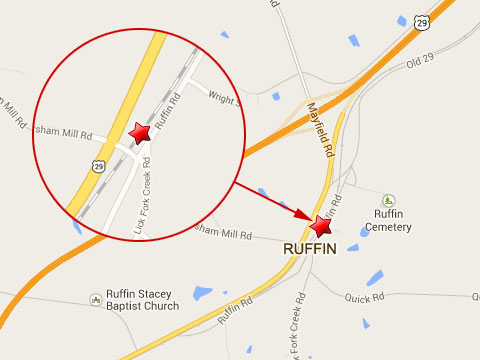 Map shows location of Norfolk Southern train derailment at Lick Fork Creek Rd and Ruffin Rd in Ruffin, NC on October 1, 2013.